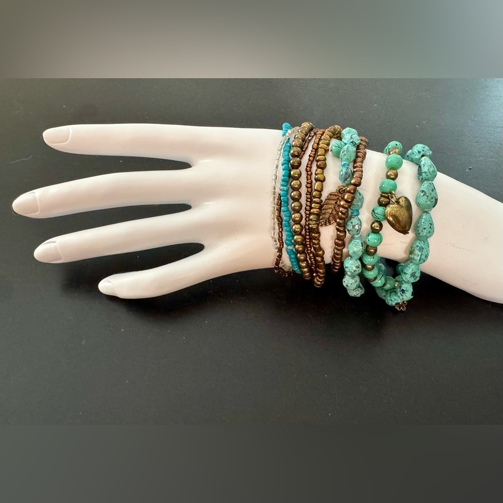 NEW Boho Turquoise and Bronze Beaded Charm Bracelet Set
